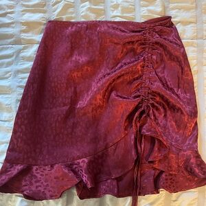 Ruched Satin Skirt With Red Leopard Print